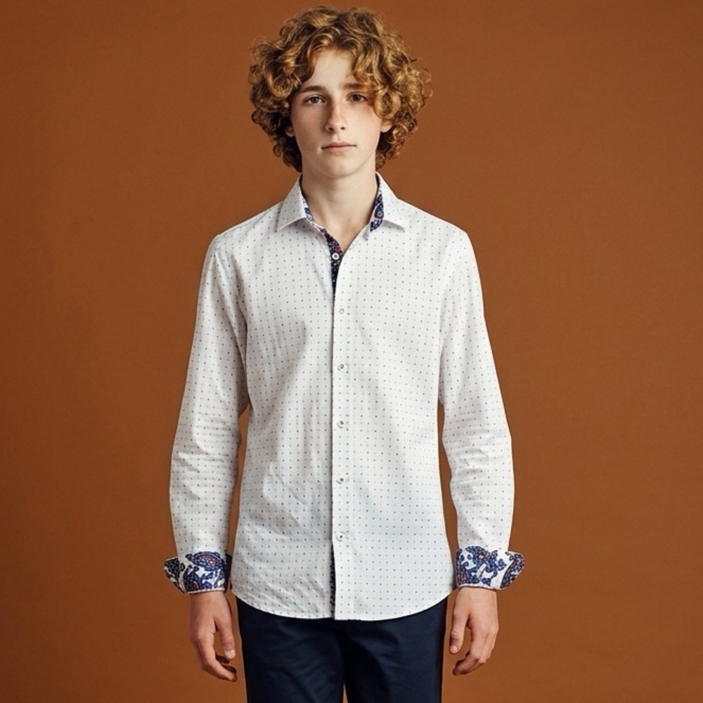 Elie Balleh Boy's Slim Fit Jacquard Dot Button-Down Shirt with paisley trim